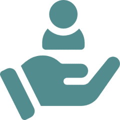 A blue icon of a hand with a person on it.