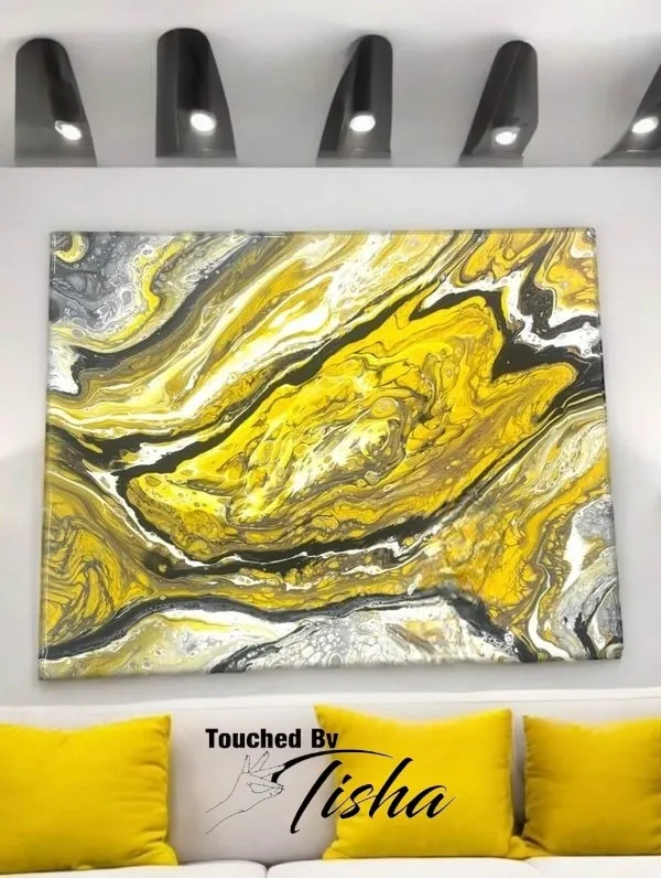 rs=w_1440,h_1440 A painting of yellow and gray swirls on the wall.