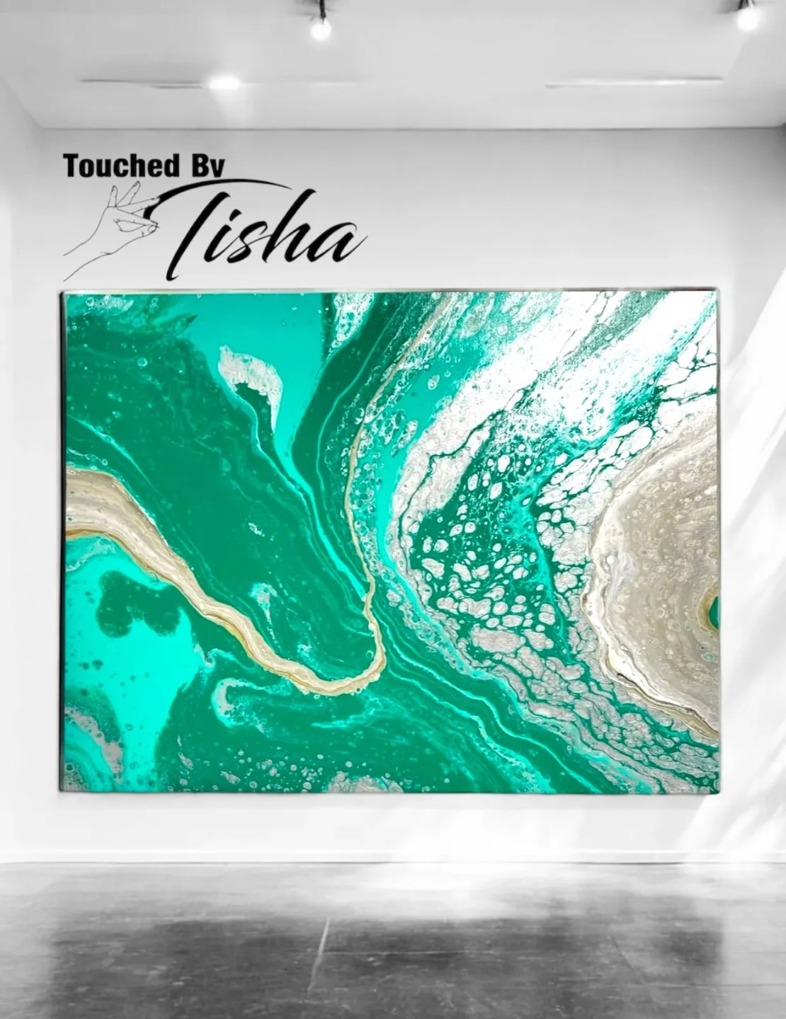 rs=w_1440,h_1440 A green and white painting with the words touched by tisha